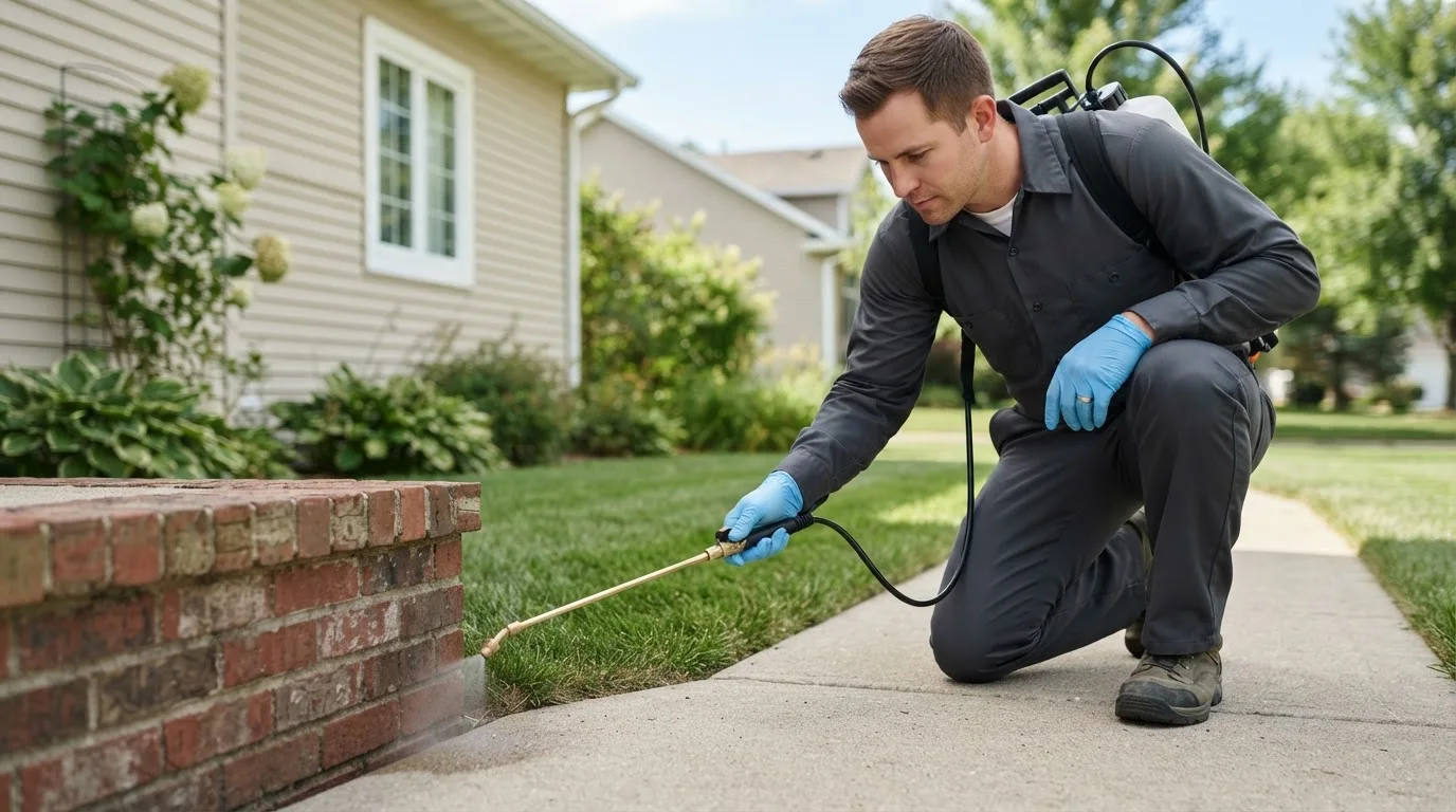 Pest control technician treating a home near Tonganoxie, KS